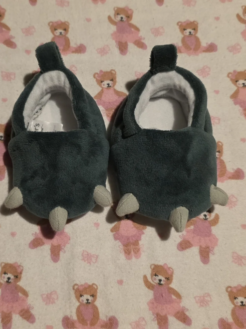 5/$20 Carter's Plush Dino Baby Slippers in Forest Green with Gray Claws
